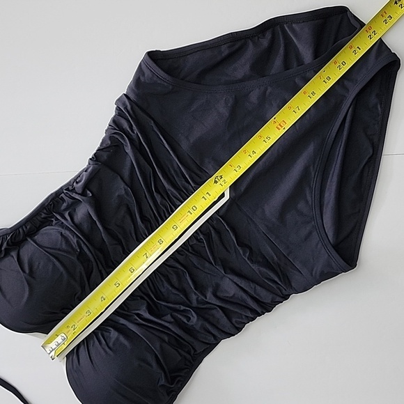 Women's Black One Piece Swimsuit Gold Button Feature Front Rusched Size S/M - Picture 12 of 15